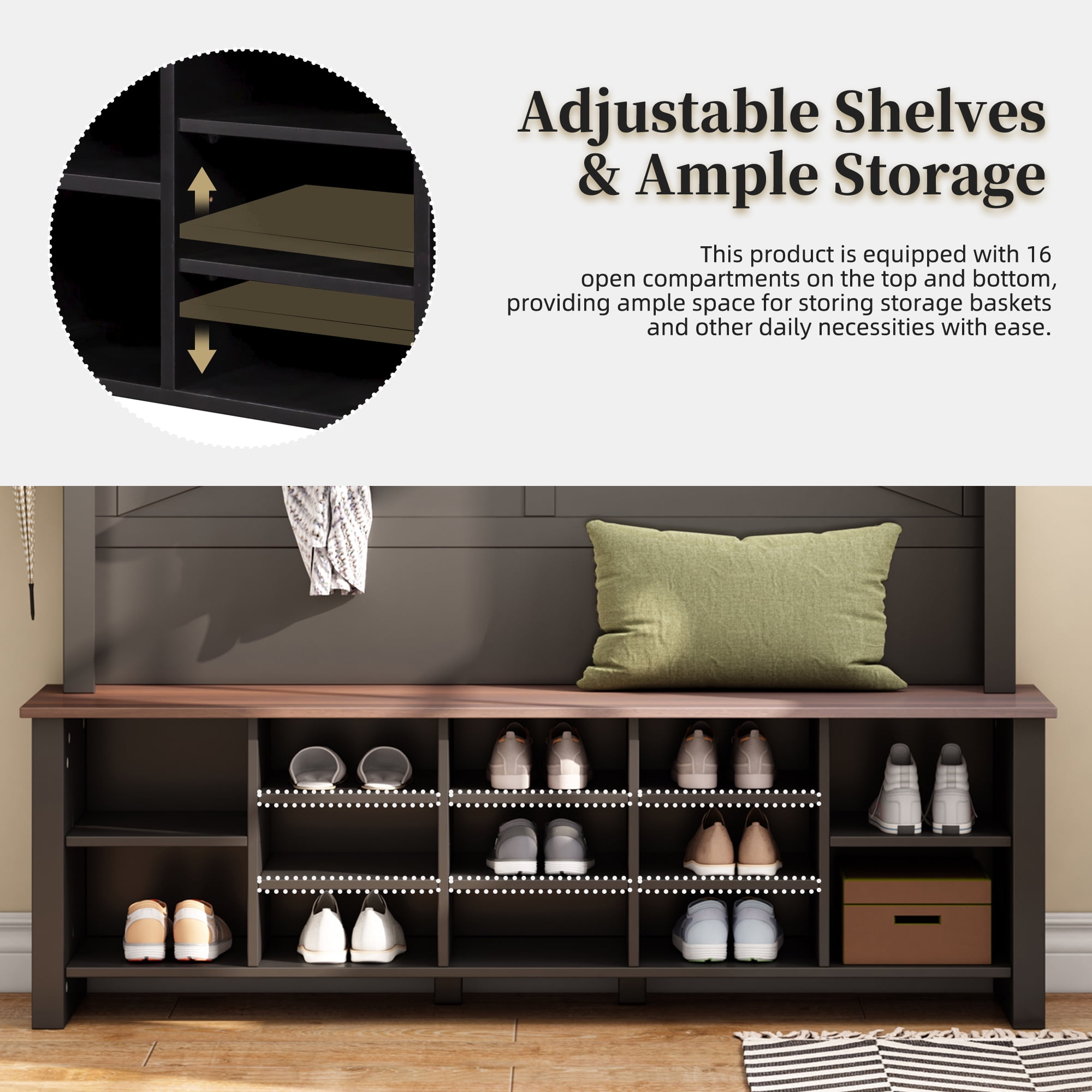 Euroco Farmhouse Hall Tree with 6 Hooks,Adjustable Shelves and 16 Open Compartments