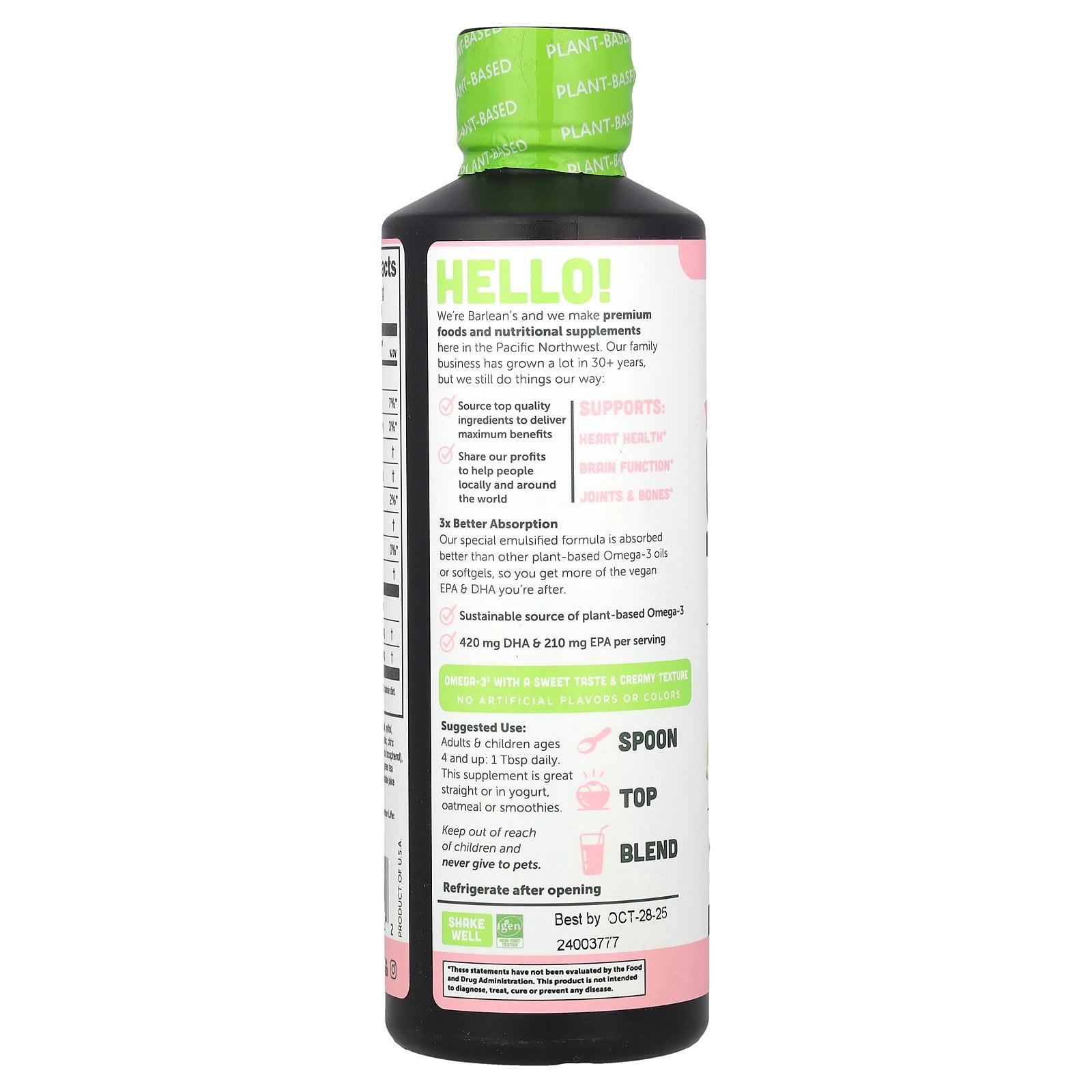 Barlean's Seriously Delicious®, Plant Based Omega-3 From Algae Oil, Pink Lemonade, 630 mg, 16 oz (454 g)