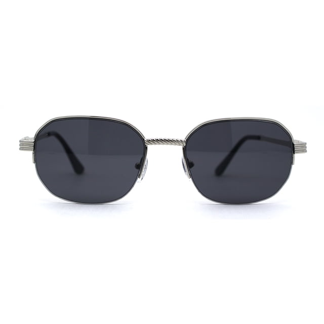 Mens Rectangular Half Rim 90s Gangster Sunglasses Silver Smoke