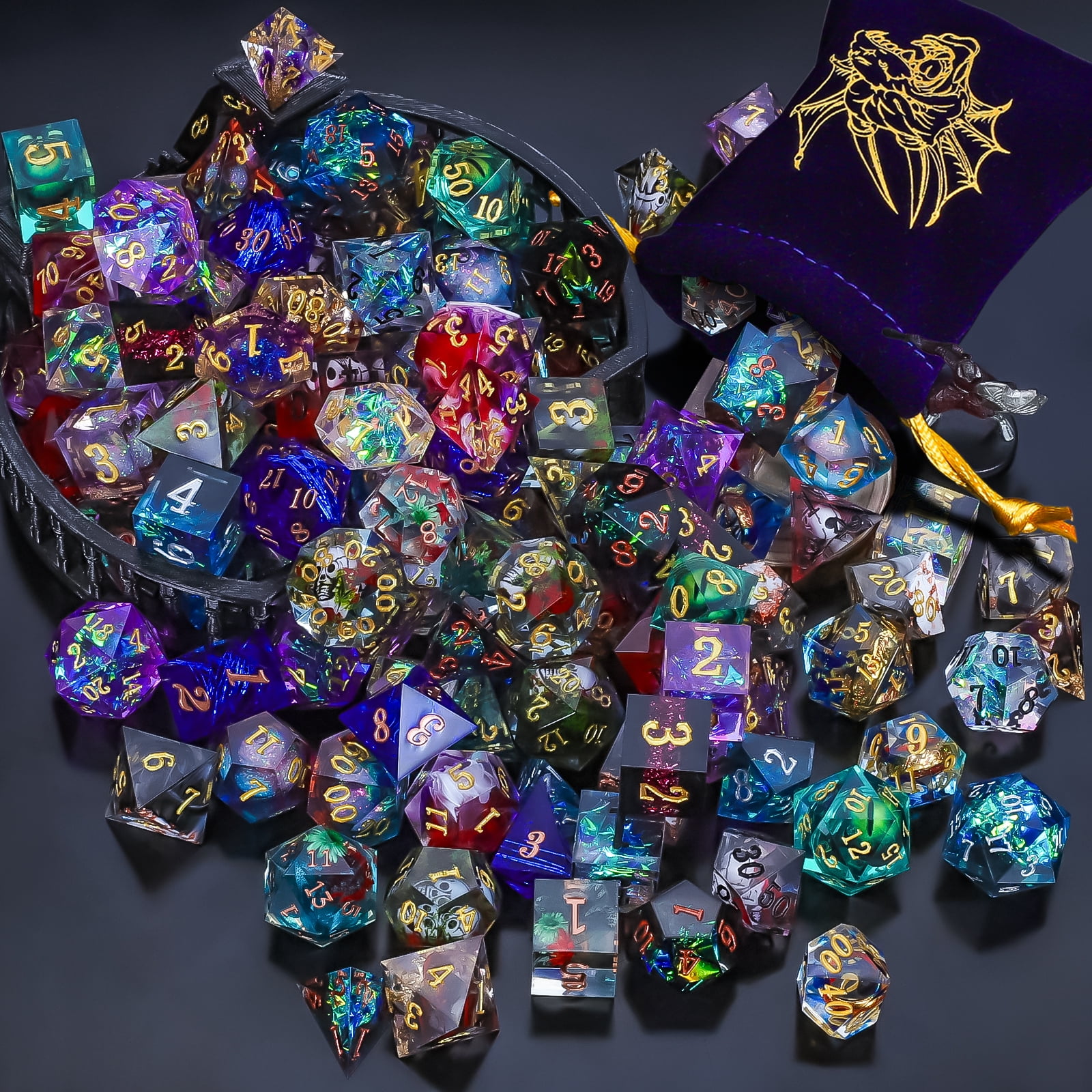 CiaraQ Resin Mystery Dice Set, 7 Pcs Handmade Sharp Edge Polyhedral Dice, Random Various Styles DND Dice & Dice Bag, DND Gifts,
