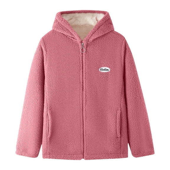 Hueook Fleece Jacket Women Fashion Solid Color Casual Zipper Stand Sports Fleece Long Sleeved Long Sleeve Hooded Casual Outwear Pink 4X