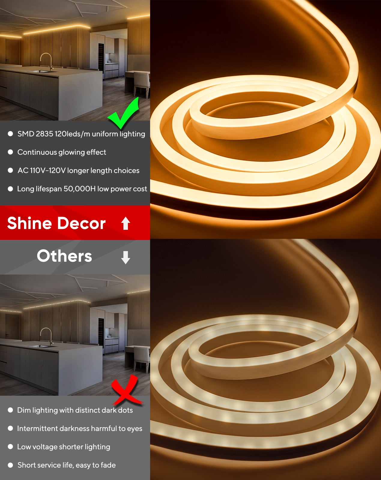 Shine Decor 16.4FT LED Neon Rope Lights, Bright 2500K Warm White AC110V-120V Neon Strip Light, 8x16mm Cuttable Waterproof SMD2835 120LED/M Indoor Outdoor Light Strips, DIY Ambiance Lighting Decoration