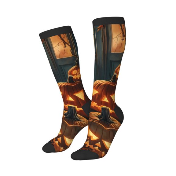 Knee High Socks for Women Men Athletic - Halloween Vintage Glowing Pumpkin Thigh-High Black Sole Comfort Breathable Long Socks for Casual Travel Running