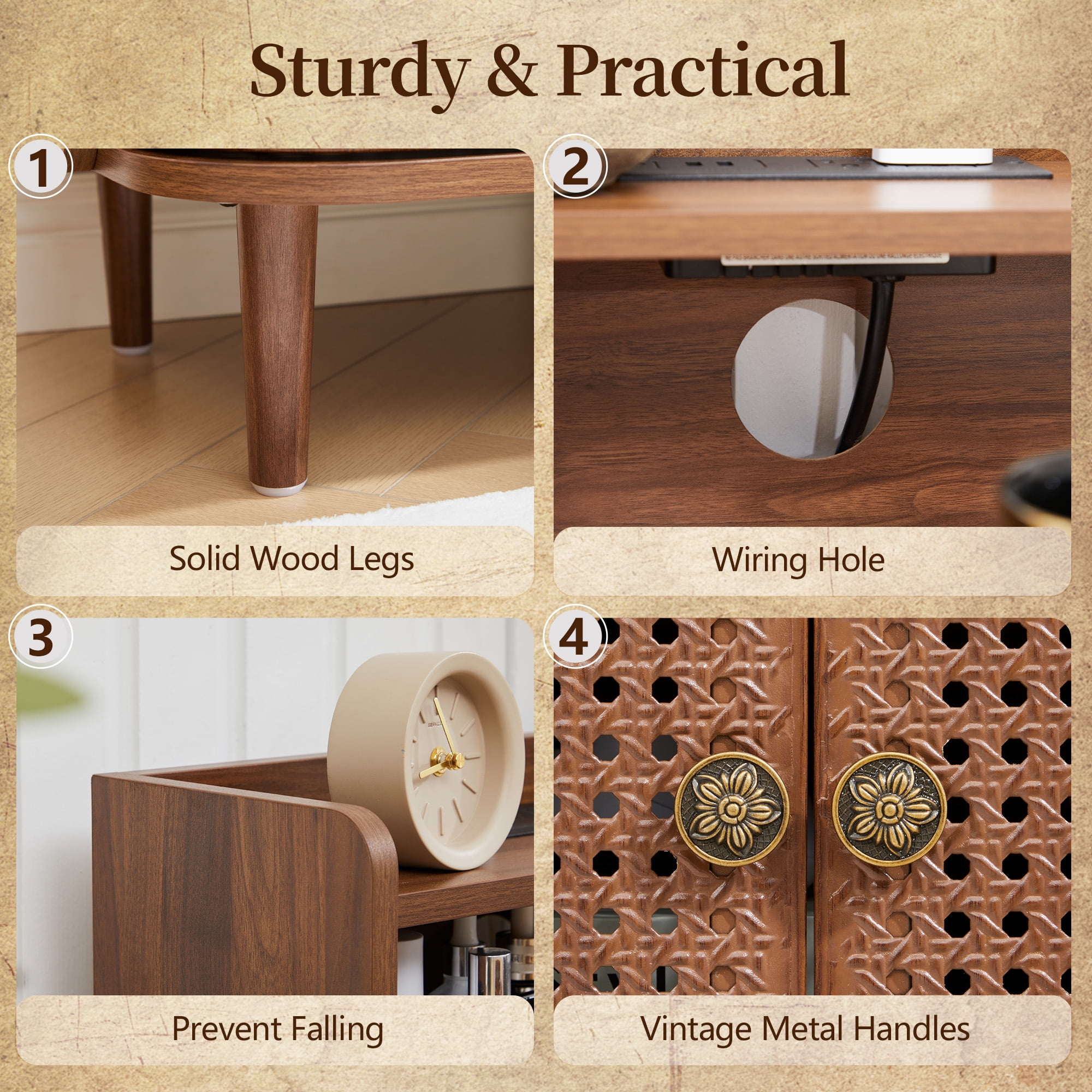 YOCWO Large Storage Nightstand Set of 2 with Charging Station Iron Rattern Pattern, Farmhouse Square End Table with 2 Door and Open Shelf for Bedroom Living Room, Walnut