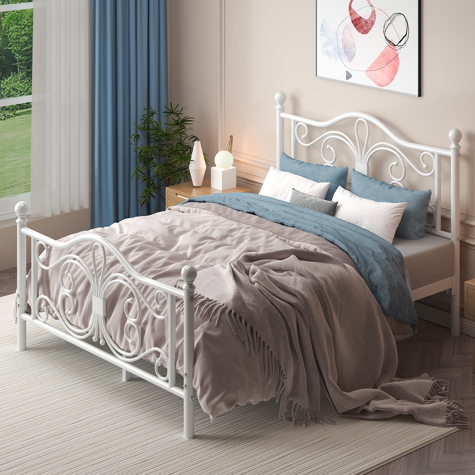 E-motie Metal Platform Bed Frame Queen Size with Butterfly Pattern Vintage Headboard & Footboard, Underbed Storage, White