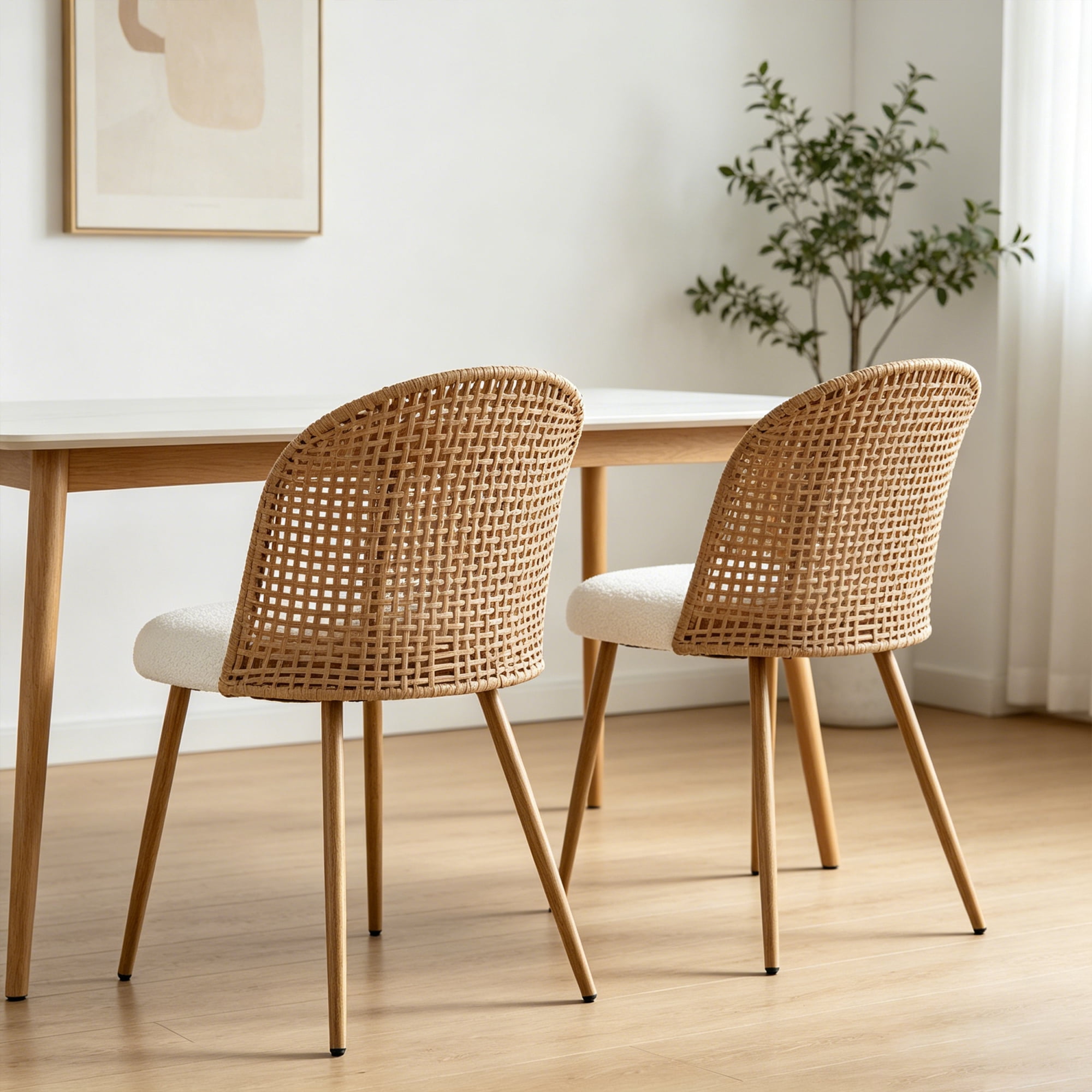 Leumius Set of 2 Wicker Dining Chairs, Farmhouse Soft Cushioned Cane Back Kitchen Chair, Sponge Cushion, Bohemian Style Dining Chair with Metal Legs for Home and Kitchen (Brown)