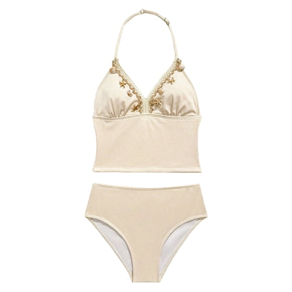 Tfken Swimsuit Set Outfits For Teen Girls Summer Swim Beach 2 Piece Swimming Bikini Vest With Trunks Set Quick Dry Swimwear Chlid Breathable Bathing Suits Size 10-11 Years Beige