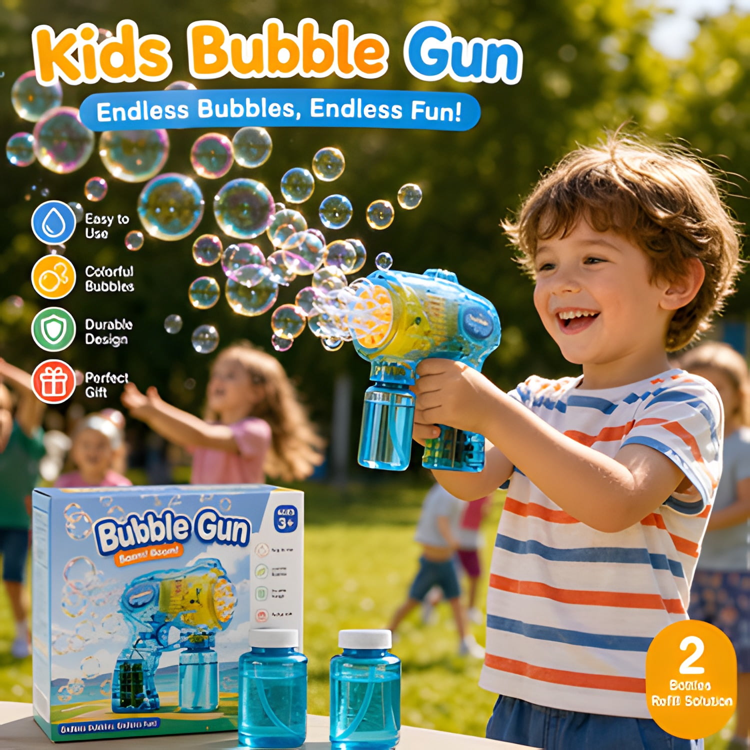 2 Kids Bubble Gun with 2 Bottles Refill Solution, Bubble Machine Gun for Toddlers 1-3 Kids 4-8, Party Favors, Summer Toy, Outdoors, Easter, Birthday Gift