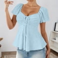 thumbnail image 2 of JIAYUE Women's Shirts Fashion Summer Short Sleeve With Drawstring V-Neck Tie Design Casual Solid Color Tee Leisure Female Tops, 2 of 5