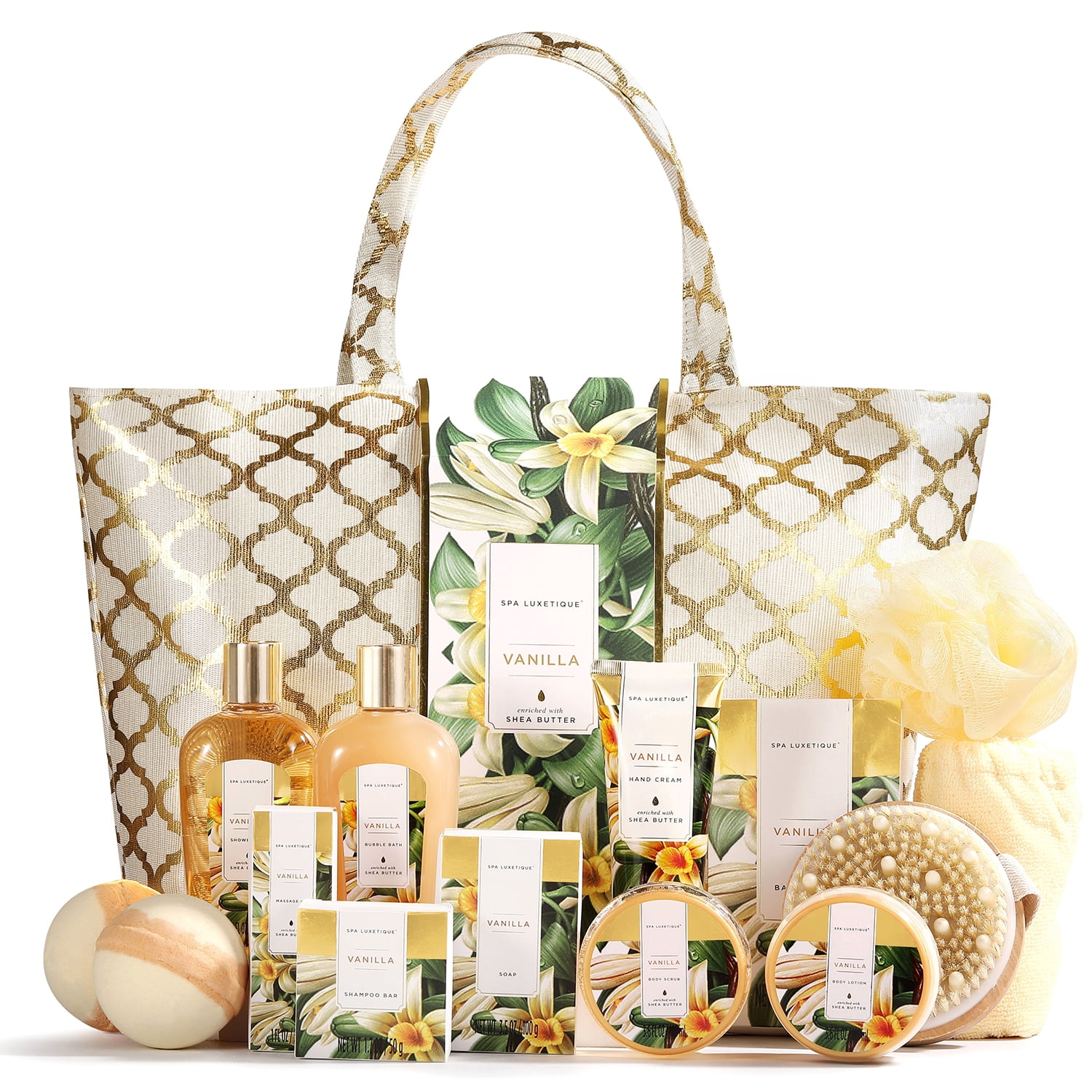 Spa Luxetique Gift Sets for Women - 15 Pcs Vanilla Scent Birthday Mothers Day Gifts for Mom Bath Baskets for Her