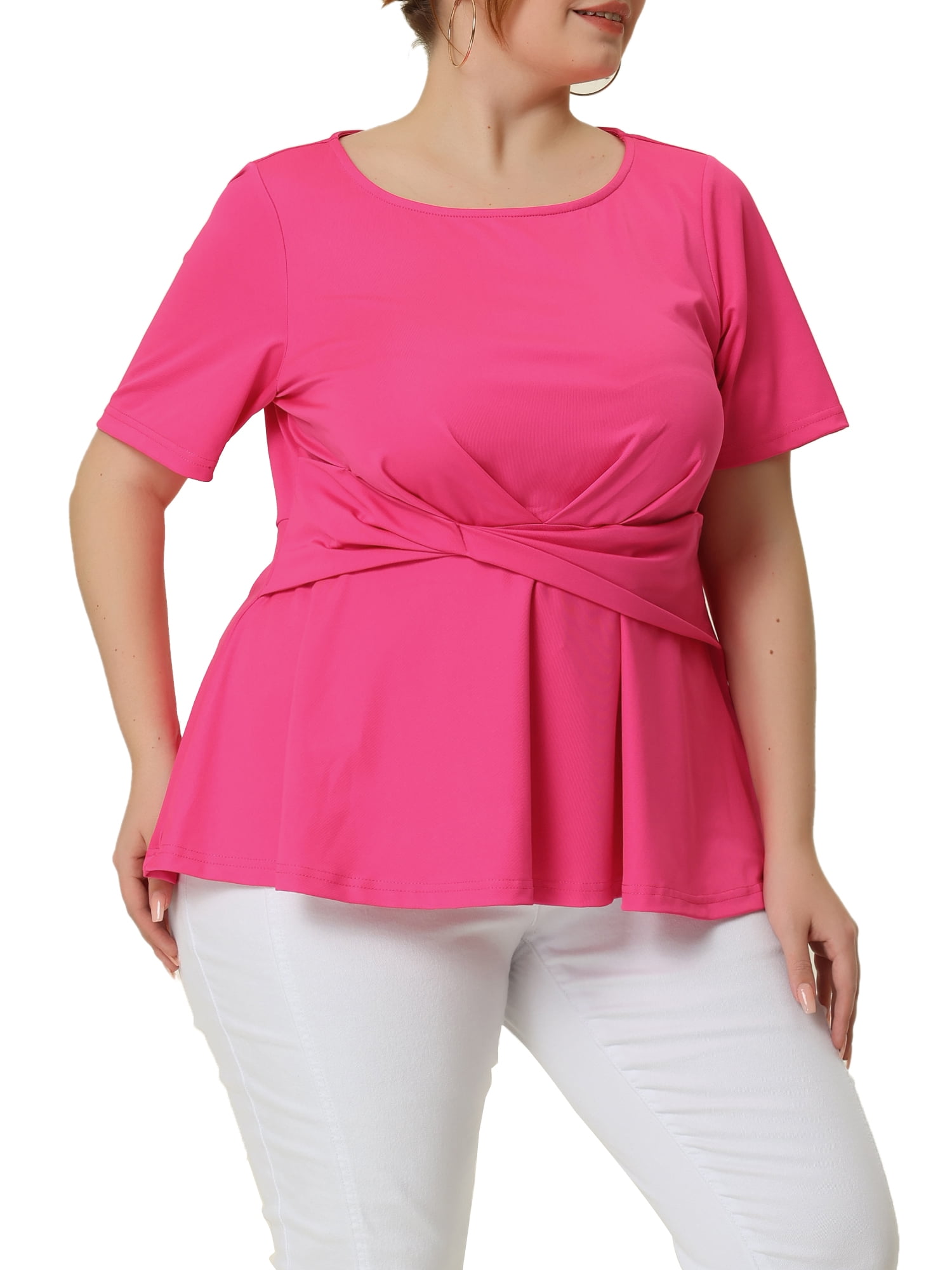 Unique Bargains Women's Plus Size Short Sleeve Solid Outfits Fashion Wrap Peplum Tops 3X Hot Pink