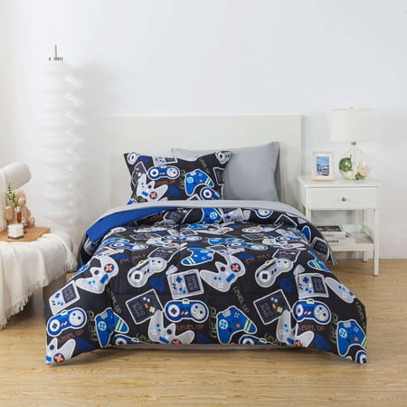 YOUR ZONE GLOW IN THE DARK 5-PIECE GAMER BEDDING SET FOR KIDS WITH FABRIC STORAGE BAG, TWIN