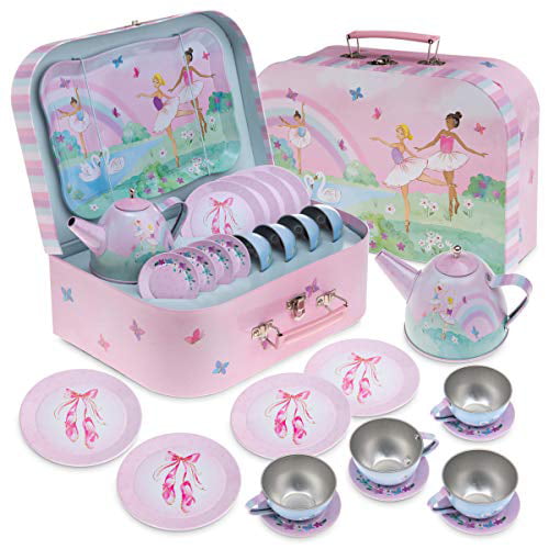 Kids Children Pretend Play Tin Tea Set With Carry Case 15Pcs Set PINK 