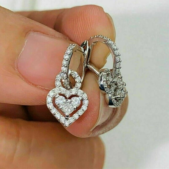 1.85Ct Round Cut Diamonds Heart Danle Drop Valentine Earrings 14K White Gold Finish Silver