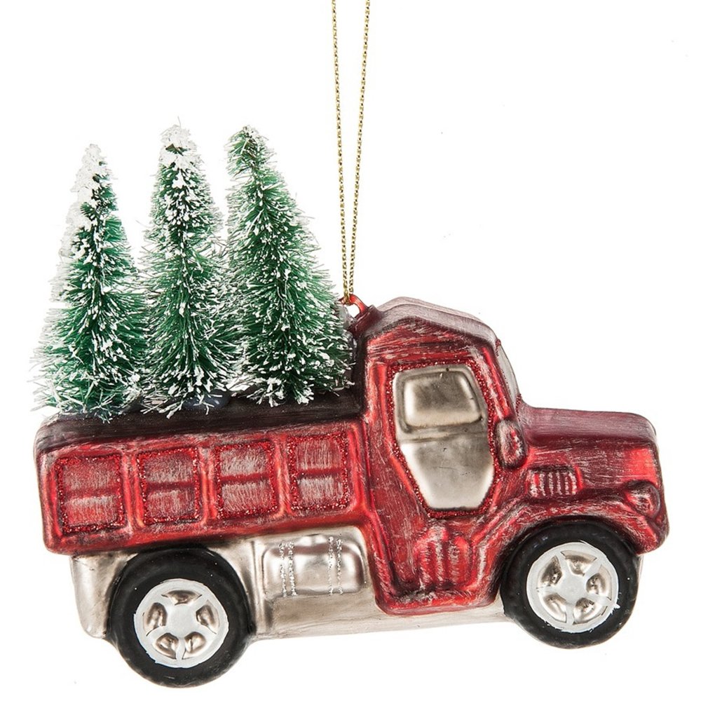 Red Pickup Truck Hauling Snowy Trees Christmas Holiday Ornament Glass