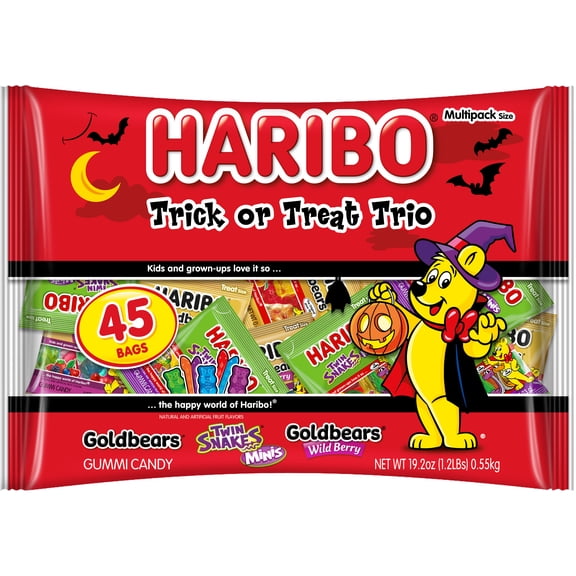 HARIBO Trick or Treat Trio Halloween Gummy Candy Mini Pouches, 45ct