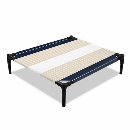 Navy Blue Khaki Stripe Elevated Dog Bed Gradient Line Cooling Breathable Outdoor Raised Dog Cot Bed with Metal Frame Non-Slip Feet for Small Dog 20x20in