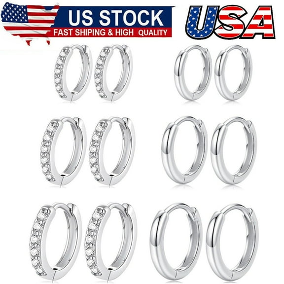 6 Pairs Silver Small Hoop Earrings for Women,Hypoallergenic Tiny Cubic Zirconia