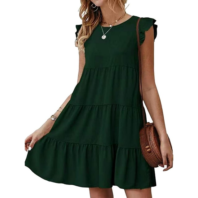 Lucakuins Mujeres Casual Plisado Vestido Corto, Adultos Primavera Color Sólido Cuello Redondo Manga Corta Mini Vestido Lucakuins moda