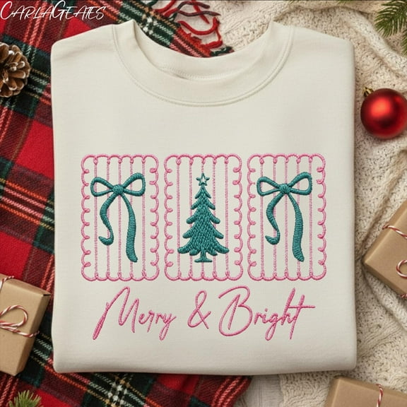 Merry and Bright Embroidered Sweatshirt, Minimalist Christmas Tree Sweater, Cute Bow Embroidery Shirt, Festive Holiday Pullover, Cozy Gift