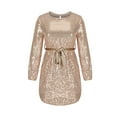 thumbnail image 3 of JURANMO Wedding Guest Dresses for Women Long Sleeves Sparkling Sequins Party Dress Ruched Flowy Tunic Mini Dress with Belt Gold L, 3 of 8