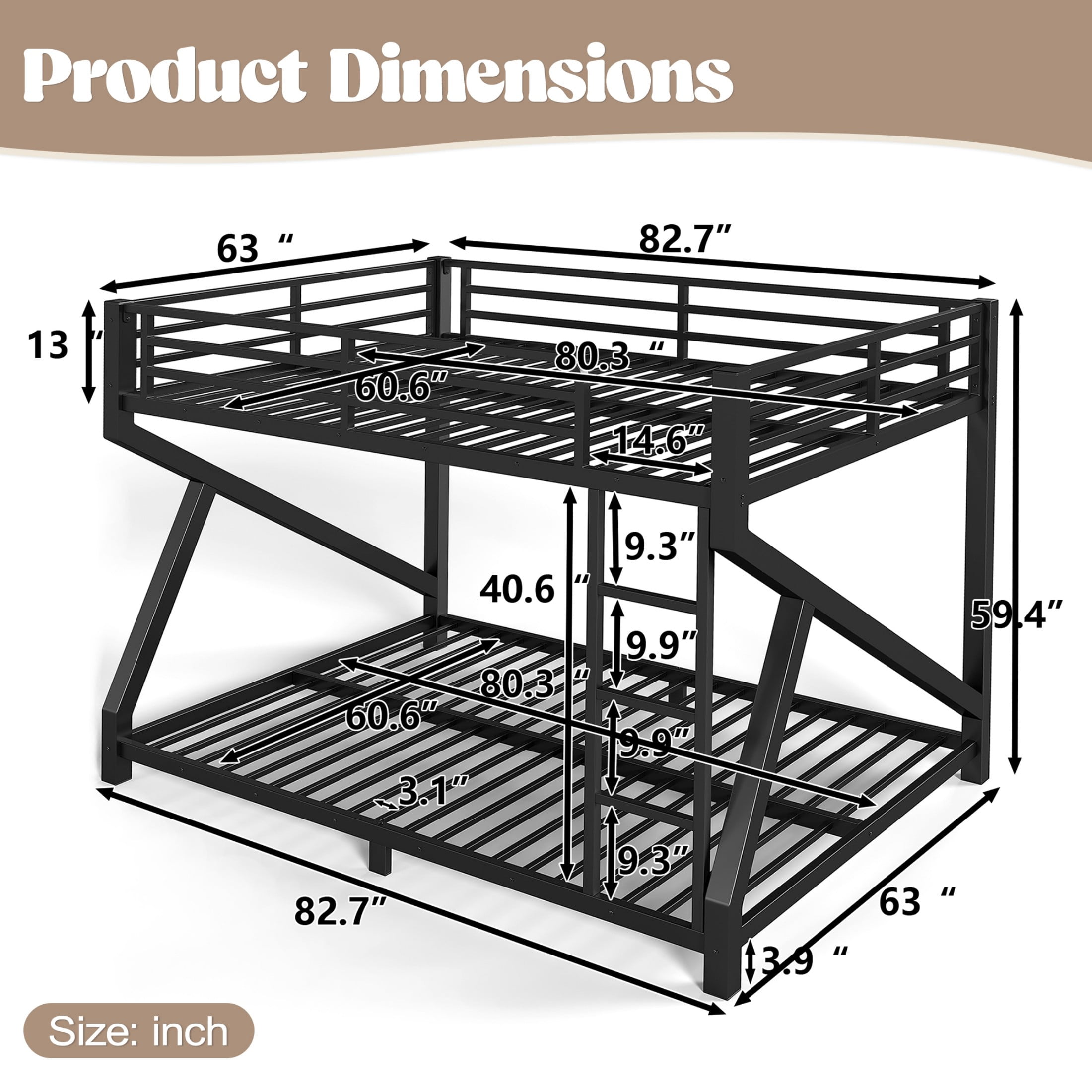 Aukfa Queen over Queen Metal Bunk Bed with Built-In Ladders, Low Profile Heavy Duty Bunk Bed with Reinforced Support Slats, No Box Spring Needed, Black