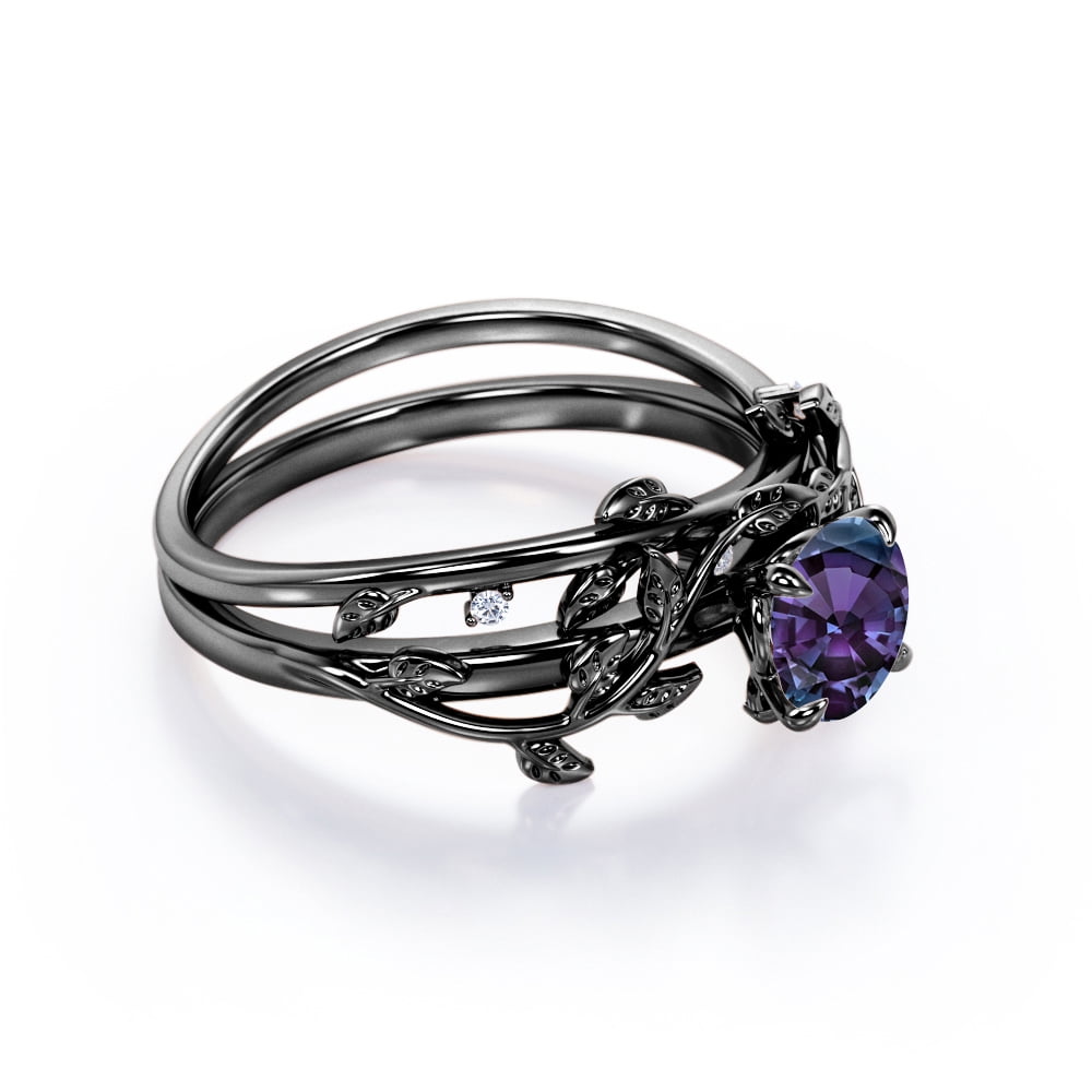 JeenMata 0.50 Carat - Round Cut Lab Created Alexandrite Ring Set - Leaf & Vine Wedding Ring Set - 18K Black Gold Plating Over Silver