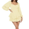 thumbnail image 2 of Blczomt Flowy Womens Dress Plain Mini Beige Puff Sleeve Dress Square Neck Ruffle Double Layer Dresses, 2 of 7