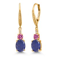 Gem Stone King 18K Yellow Gold Plated Silver Blue Lapis and Pink Moissanite Dangle Earrings for Women with Lab Grown Diamond (4.49 Cttw, Oval 9X7MM)