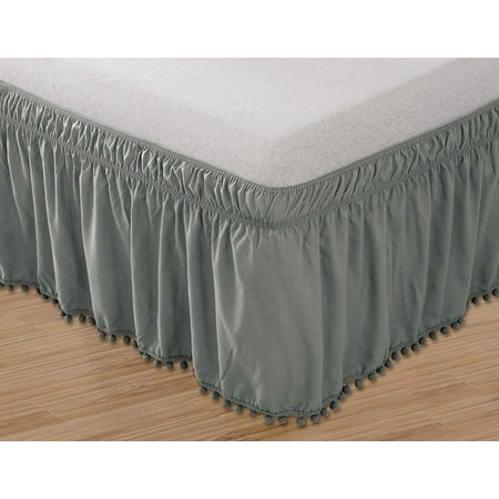 - Celine Linen Luxury Top-Knot Tassle PomPom Fringe Ruffle Bed Skirt -Wrap Around Style- Elastic Bed Wrap- Wrinkle Resistant 16inch Drop, Queen/King, Grey