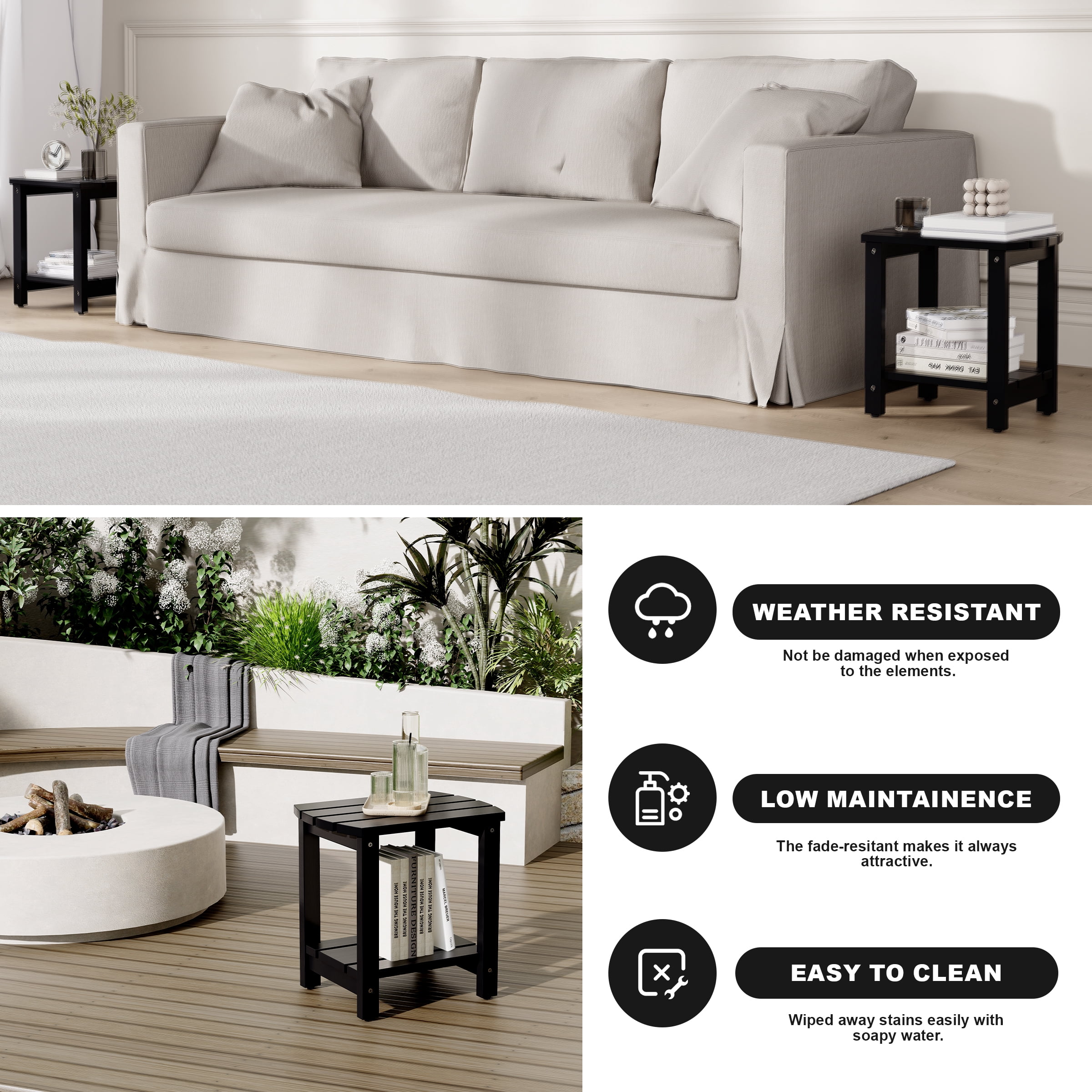 Indoor & Outdoor Weather-Resistant Pine Wood Rectangle End Table, Black (2PCS)