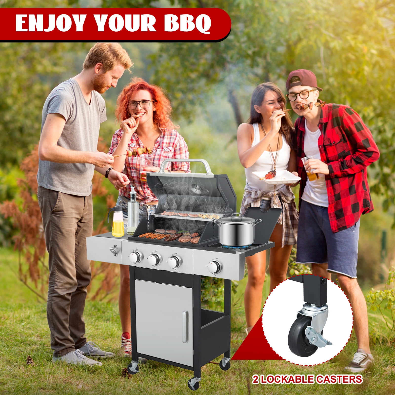 Nice Cooker 3-Burner Propane Gas Grill with Side Burner, Cast Iron Grates, Double Layer Lid