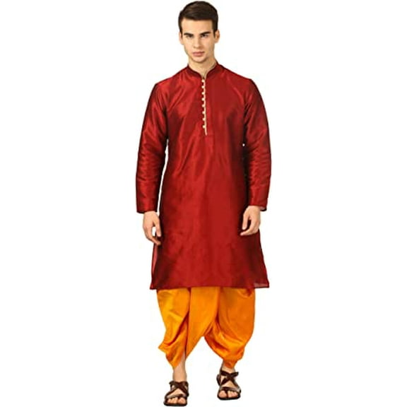 Devyom Men's Silk Straight Regular Fit Dhoti Kurta Set (Red, 38)