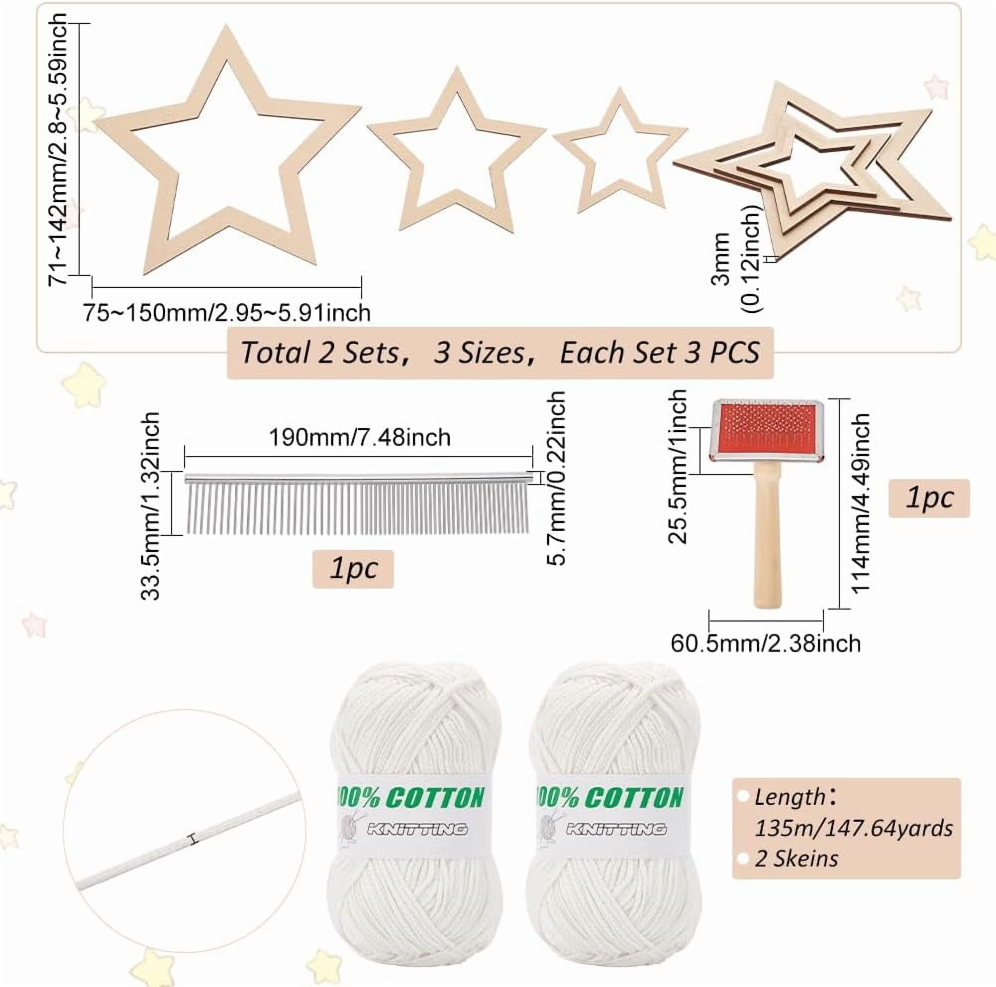 295 Yards/270m 2mm Premium Polyester Macrame Cord Crochet Thread Polyester Crochet Bag Yarn Kit with 6Pcs Wooden Star Frames 2Pcs Tassel Combs for Macrame Decorations DIY Crafts - White White