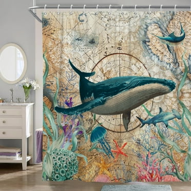 Pbobriich Ocean Shower Curtain,Sea Dolphins Polyester Fabric Waterproof Shower Curtain 72" x 72''
