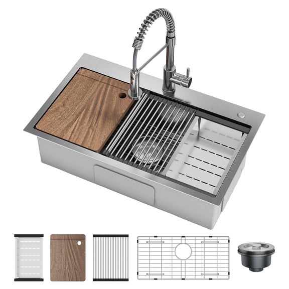 Upgrade-30 x 18 inch Kitchen Sink, Single Bowl Stainless Steel Sink Multifunctional Drop In Sink with Pull-Down Faucet and Multiple Accessories (30 * 18 inch-Black)
