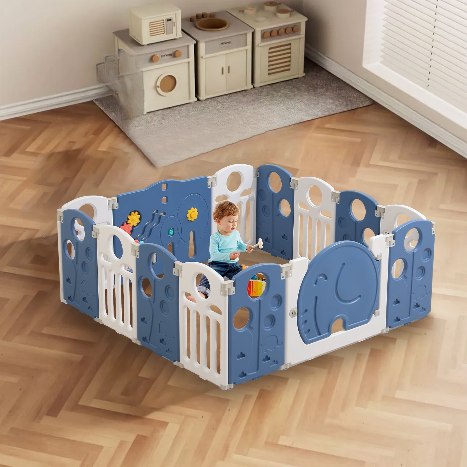 Kids and Toddlers' Playpen,Kids Activity Center Safety Play Yard for Indoor&Outdoor,Portable,Plastic,Dark blue&White,14 Panels