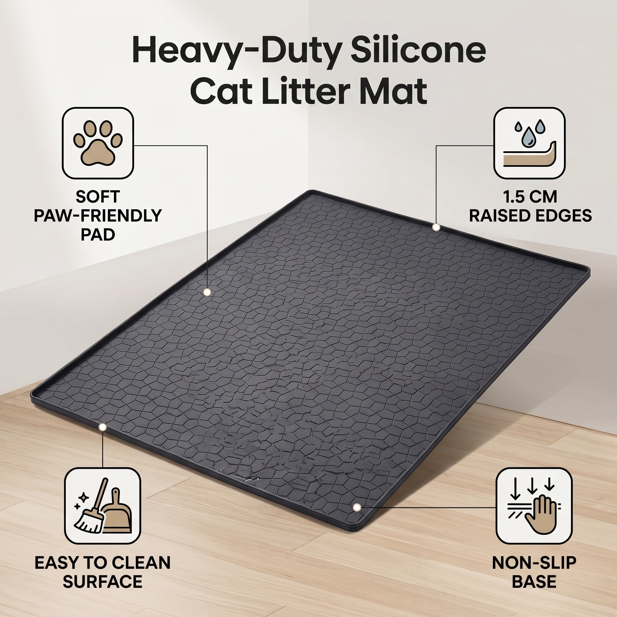 CACAGOO Large 34" X 22" Cat Litter Mat, Waterproof Silicone Pad for Floor, Thickened Silicone Cat Litter Mat Easy Clean Mat for Cat Feedi, Black