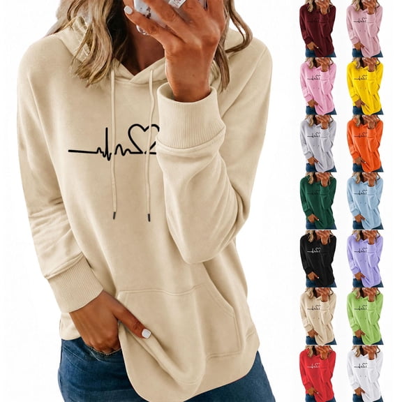 Women Heartbeat Print Fleece Lined Hoodie Drawstring Kangaroo Pocket Long Sleeve Loose Pullover Fashion Warm Casual Top for Autumn Winter