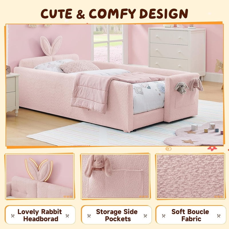 Twin Size Upholstered Platform Bed with Rabbit Ear Headboard, Kids Floor Bed with Storage Pocket & Safety Guardrail, No Box Spring Required