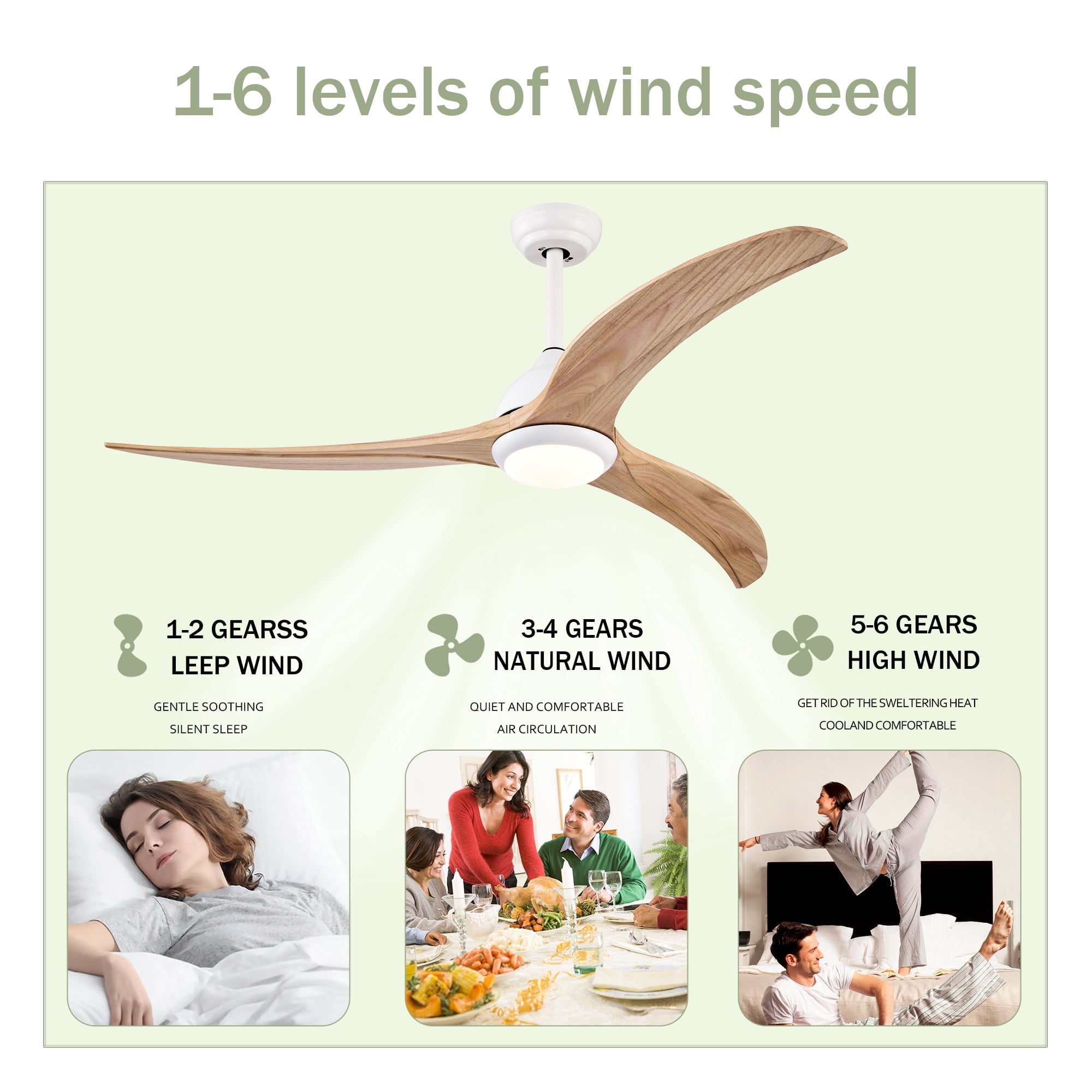 Leumius 52" Solid Wood Blades Ceiling Fan with Light and Remote Control, Noiseless Reversible Motor, 6 Speed for Patio Living Room Bedroom Office White