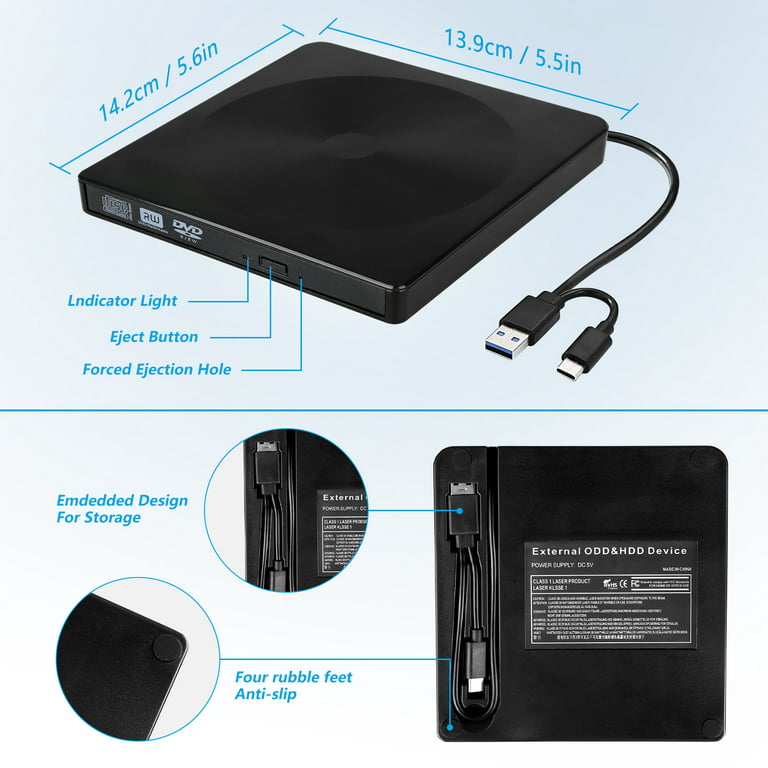 HIOD USB 3.0 External Optical Drive Tray Style CD/DVD Drive +/-RW Burner  Black
