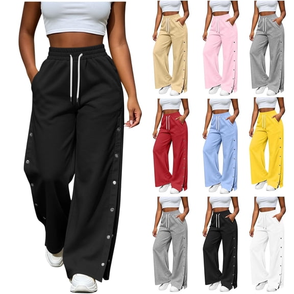 Ninixx Womens Side Button Sweatpants Drawstring Waist Wide Leg Casual Lounge Pants with Pockets