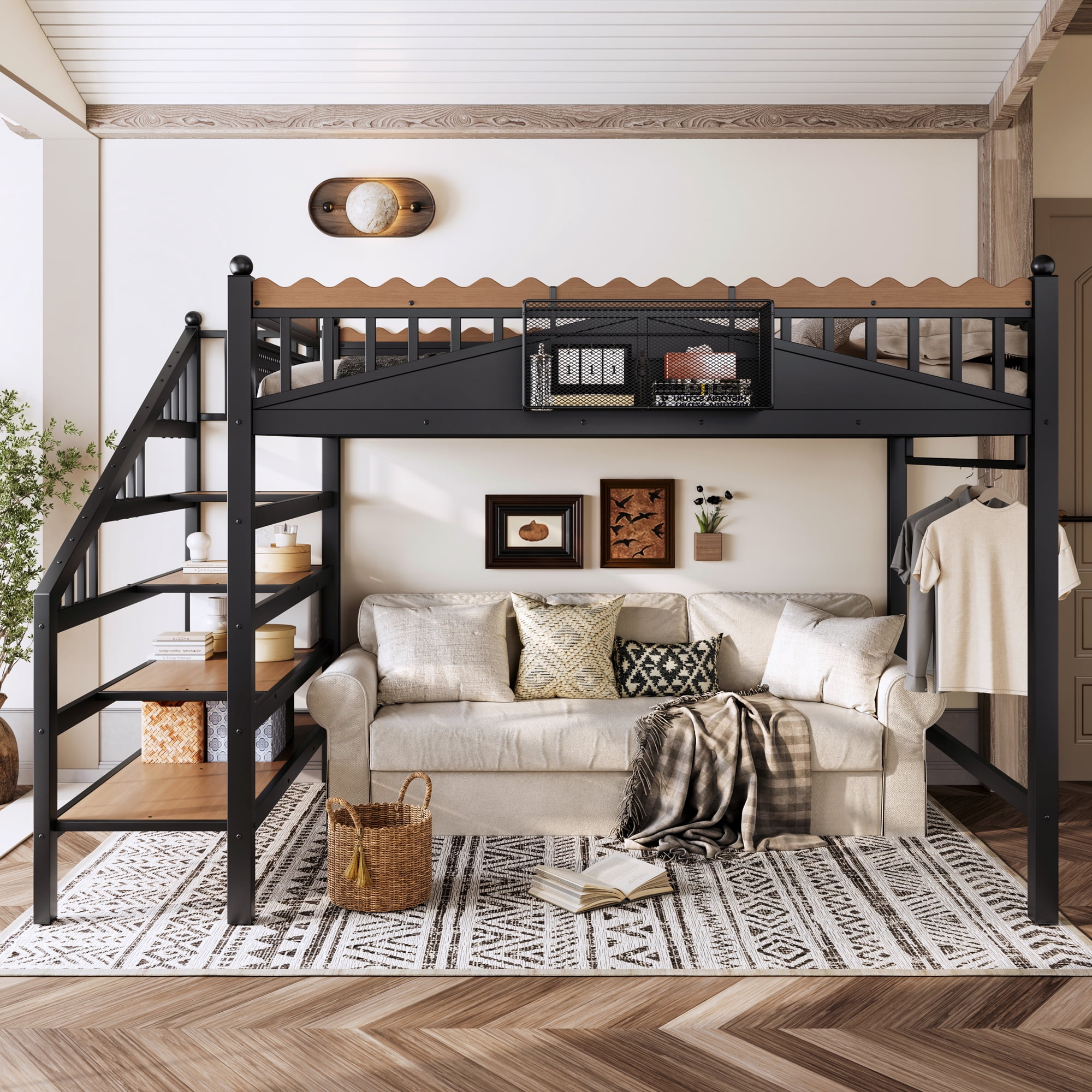 Leumius Queen Size Loft Bed with Storage Stairs,Heavy Duty Metal Loft Beds Frame with Storage Shelves and Bookshelf,High Loft Bed with Large Under-Bed Space,Black