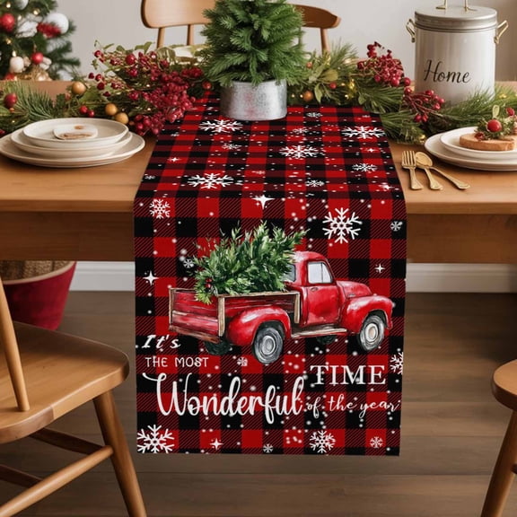 Christmas Tree Car Table Runner 13x72in Non-Slip Cotton Linen Table Runners, Red Black Plaid Dresser Scarves TableRunner for Dinner Kitchen Dining Wedding Party