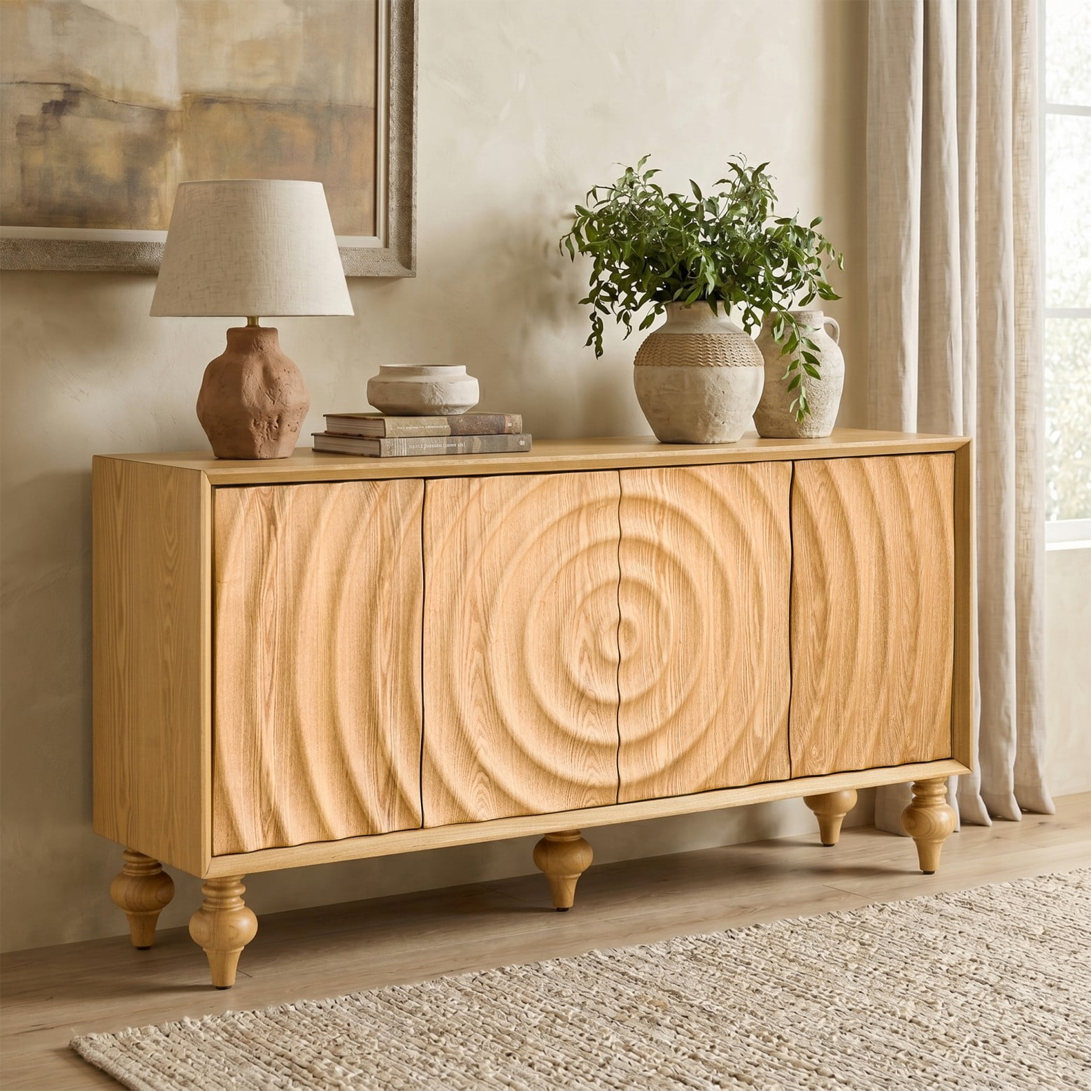Modern 4-Door Storage Sideboard Cabinet with 3D Carved Wood Veneer, Push-to-Open Soft Close Buffet Cabinet with Adjustable Shelves for Living Room Dining Room, Natural