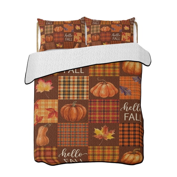 Hello Fall Patchwork Quilts Bedding Set Queen Size Rustic Pumpkin Maple Leaf Orange Brown Plaid Lightweight Quilted Bedspread 3 Piece Bed Quilt with 2 Pillow Shams All Season for Bedroom 78" x 90"
