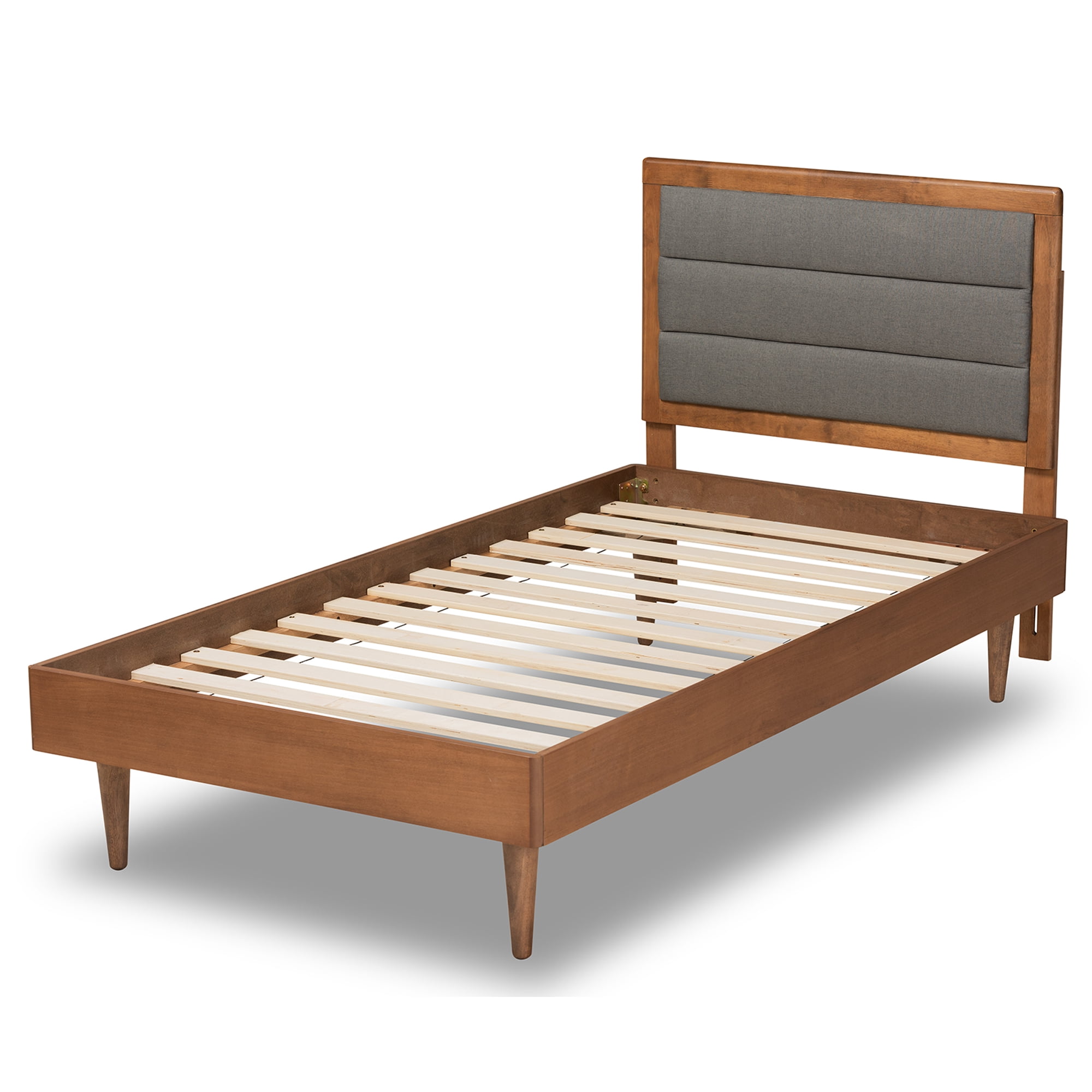 Baxton Studio Seren Mid-Century Modern Dark Grey Fabric Upholstered and Walnut Brown Finished Wood Twin Size Platform Bed
