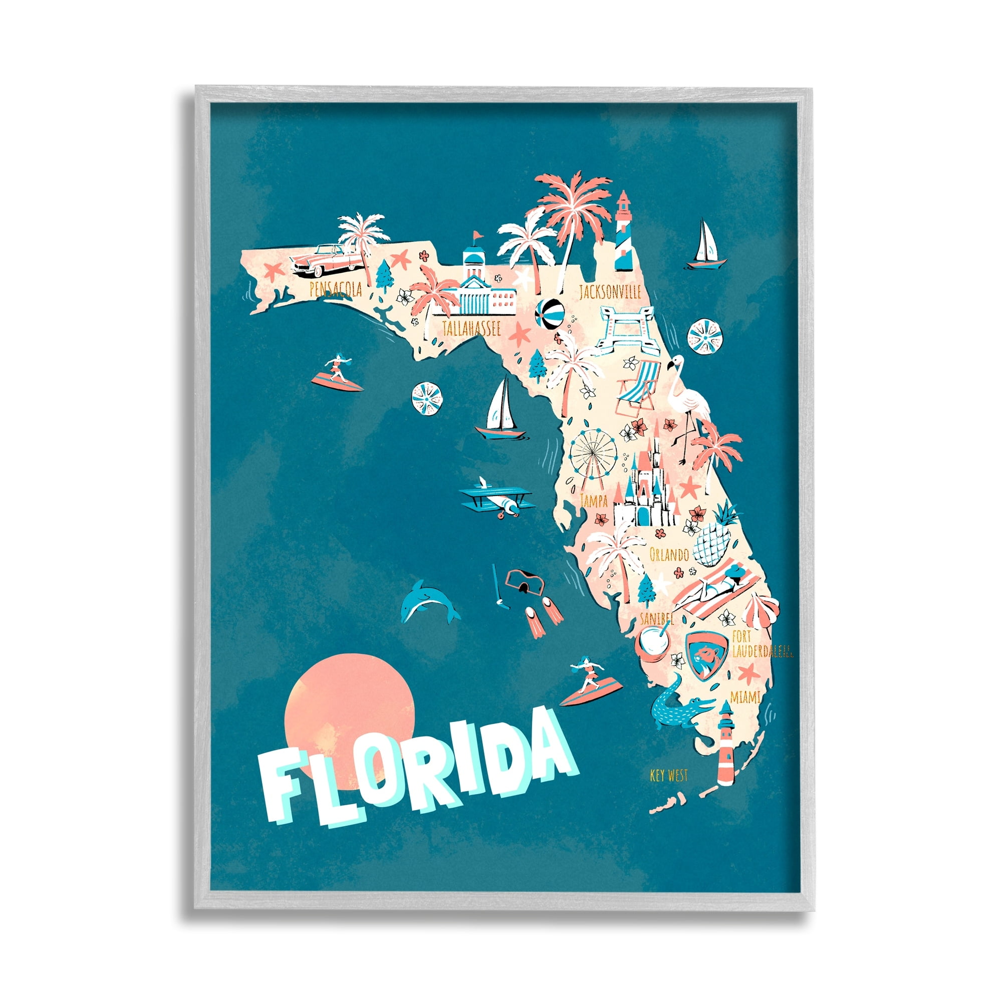 Ziwei Li Florida Sunny State Retro Vacation Tourism Vivid Map 11" x 14" Framed Painting Art Prints by Stupell Home Décor