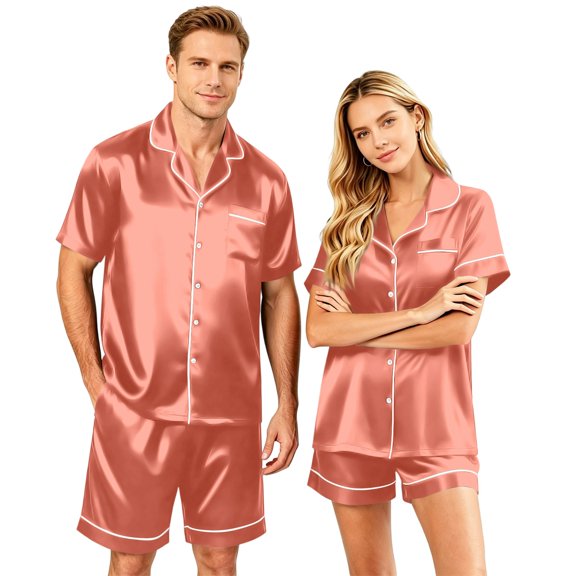 Matching Outfits for Couples Silk Satin Short Sleeve Button Down Pjs Sleepwear Short Sleeve Sleepwear Soft 2 Pcs Pj Set(Women)